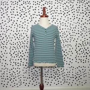 Old Navy Green Ribbed Striped Long Sleeve Girls Henley Top